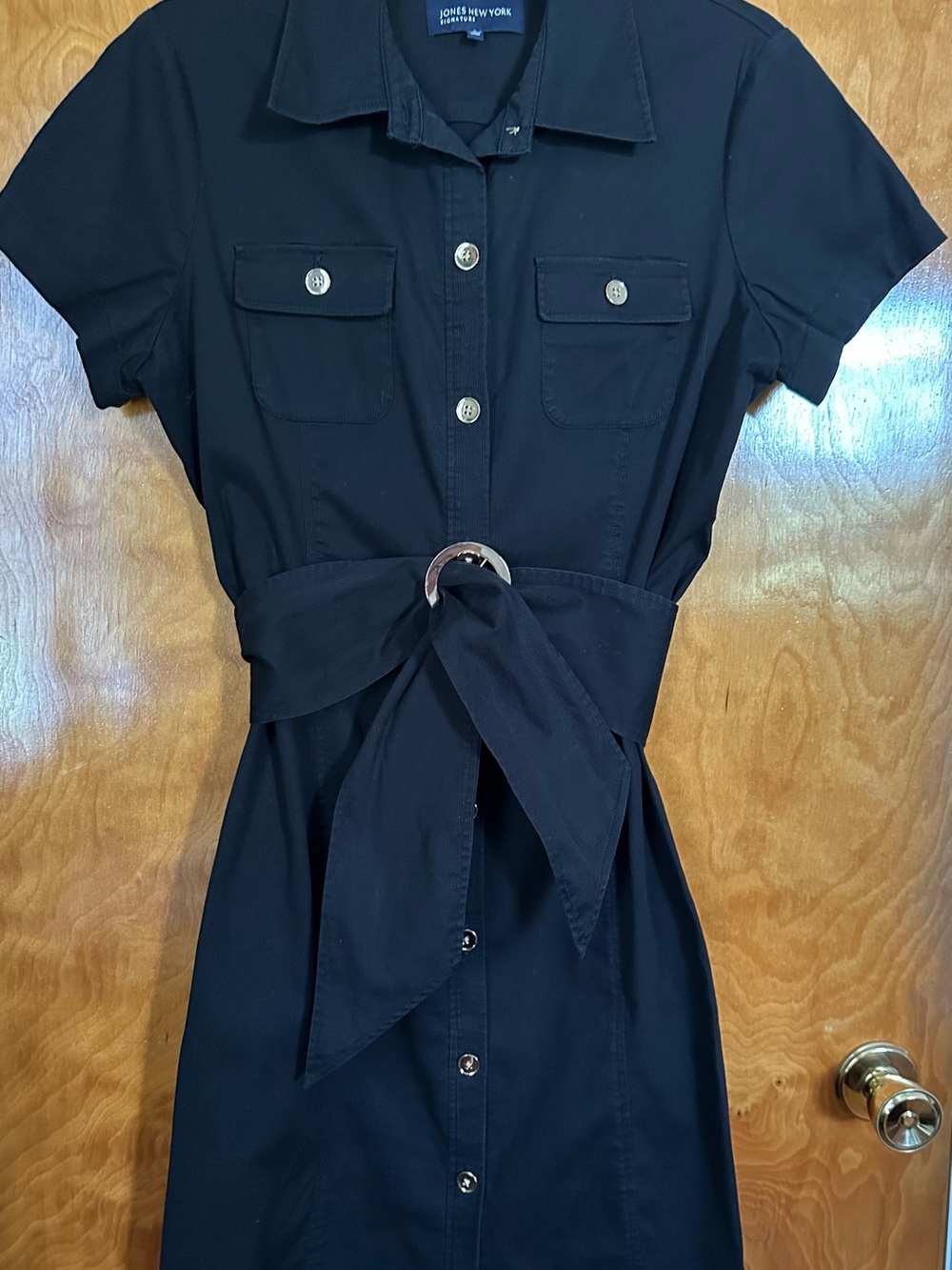 Jones New York Black Short-Sleeve Corduroy Dress with Tie Belt